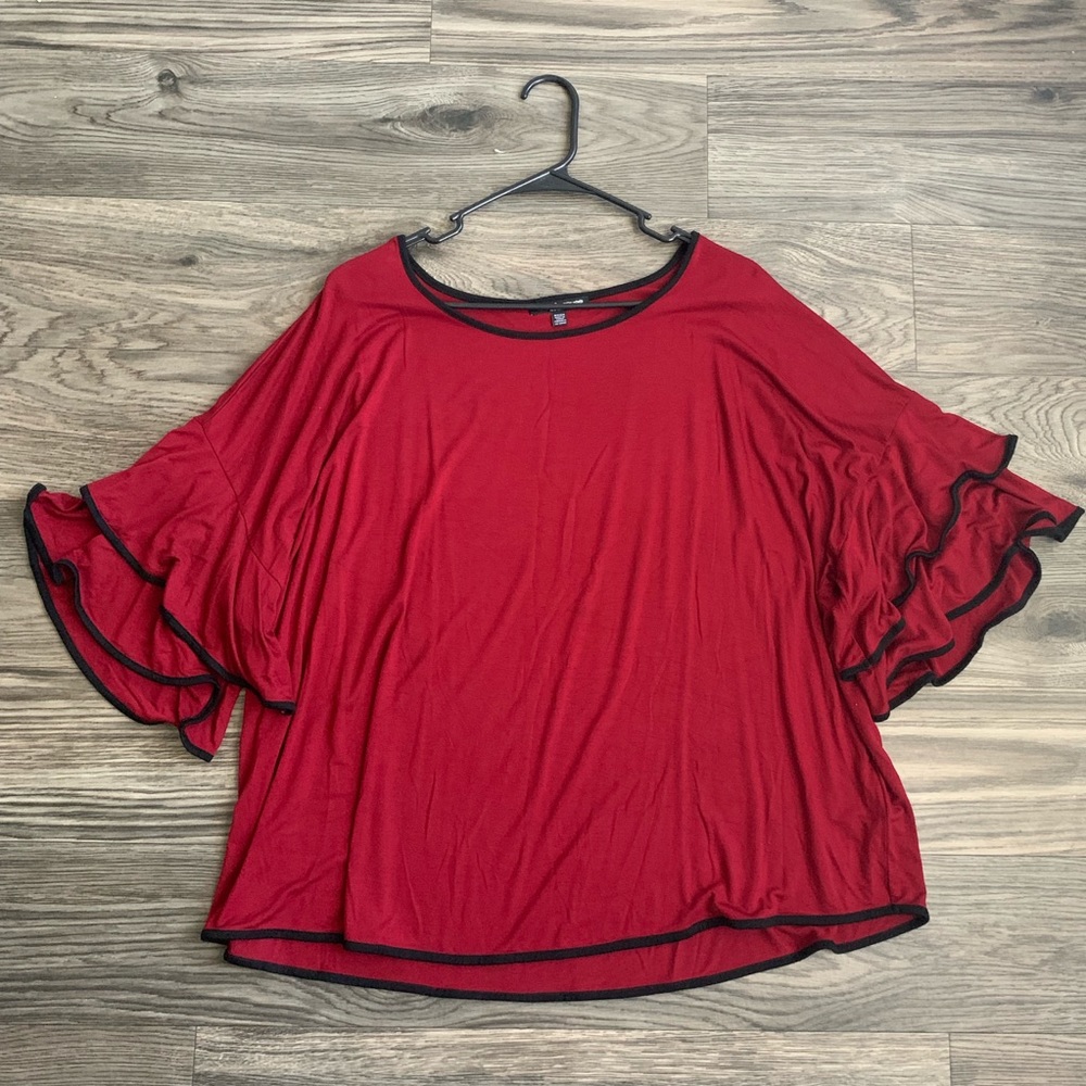 Red Cable & Gauge Top with Ruffled Sleeves